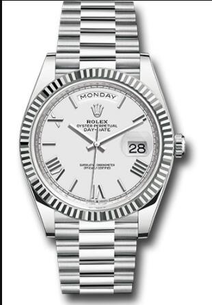 Replica Rolex Platinum Day-Date 40 Watch 228236 Fluted Bezel White Roman Dial President Bracelet - Click Image to Close